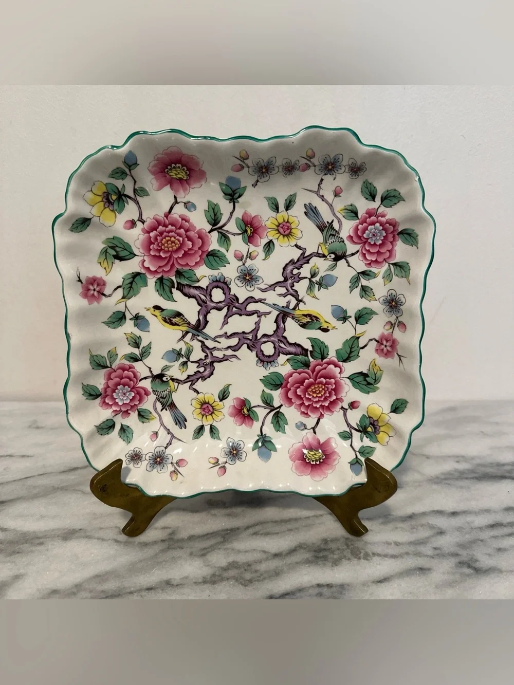 Vintage old Foley chinese rose Floral Bird Ceramic Plate - Pink & Green